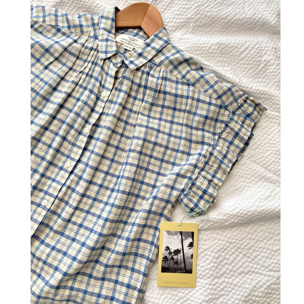 Trovata Linen blend Plaid Ruffle Sleeve Shirt
